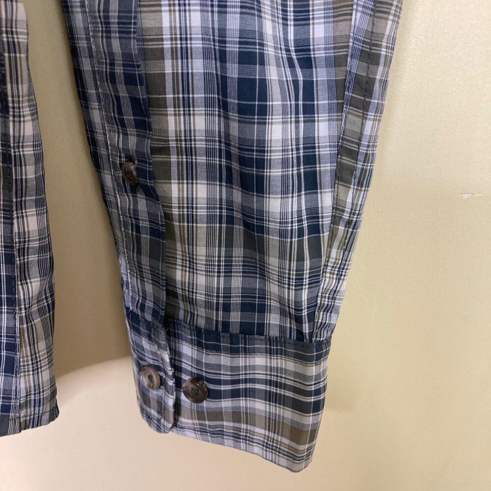 Filson Fishing Shirt Mens Small Navy Blue White Tan Plaid Lightweight Vented - Picture 7 of 10